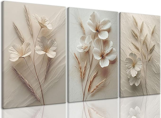 TUEASKY 3 Piece Neutral Floral Canvas Wall Art Beige Flower Wall Art Vintage Botanical Decor Modern Minimalist Prints for Bedroom Living Room Office Home Decoration 12x16in Framed