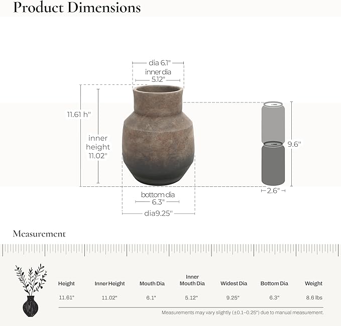 LuxenHome Rustic Ceramic Flower Vase,Farmhouse Vintage Pottery for Shelf Decor Room Decor,Brown Ombre Terracotta Vase,11'' Round Decorative Vases Home Decor Living Room