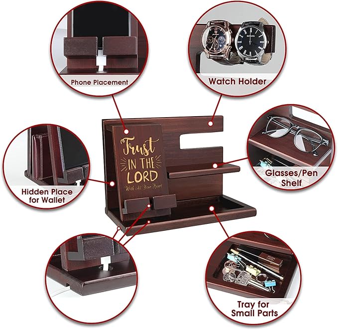 Personalized Wood Phone Docking Station For Men With Best Bible Verse About Love, Strength, Faith - Six Styles - Best Idea for Him, Dad, Grandpa, Husband, Boyfriend, Son, Colleague, Boss, Yourself