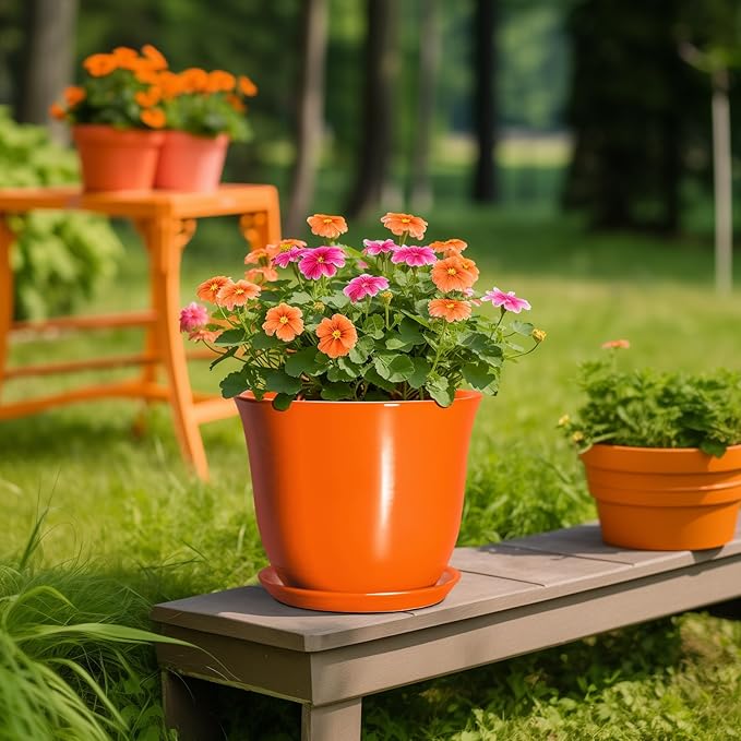 10 Inch Plant Pot - Ceramic Pots for Plants with Drainage Hole and Saucer, Round Planters for Indoor Outdoor Plants, Modern Decorative Planters, Room Home Decor, Gardening Gifts, Orange