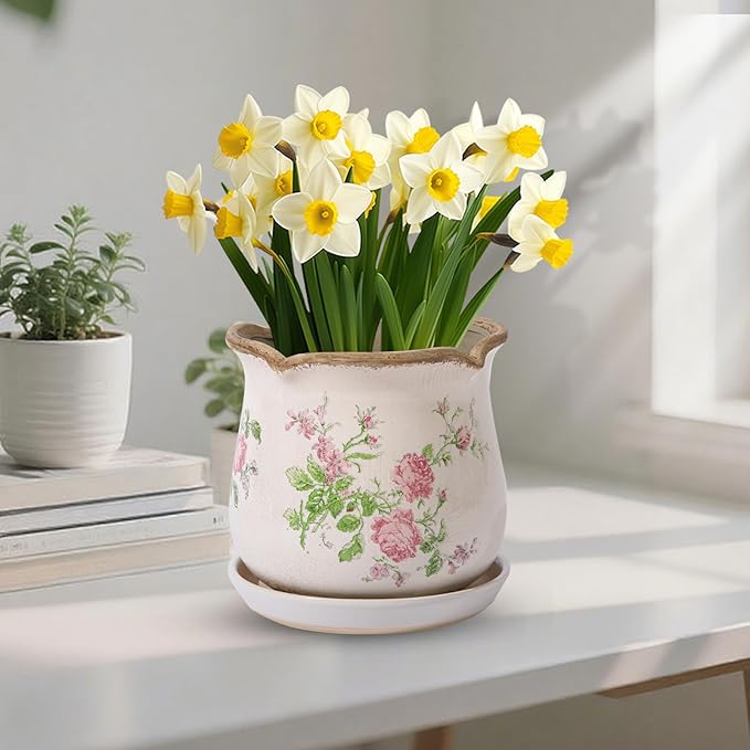 Ceramic-Planters-for-Indoor-Plants with Saucer, 6 inch Vintage Ice Crack Glaze Plant Pots with Drainage Holes, Decorative Flower Pots for Outdoor Garden Home Decor, Tuscan Pot for Plant