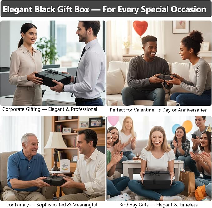 Black Gift Boxes with Lids, Set of 4 Nesting Presents Boxes for Gifts, Luxury Gift Wrap Boxes for Weddings, Birthdays, Anniversaris and All Gift Giving Occasions
