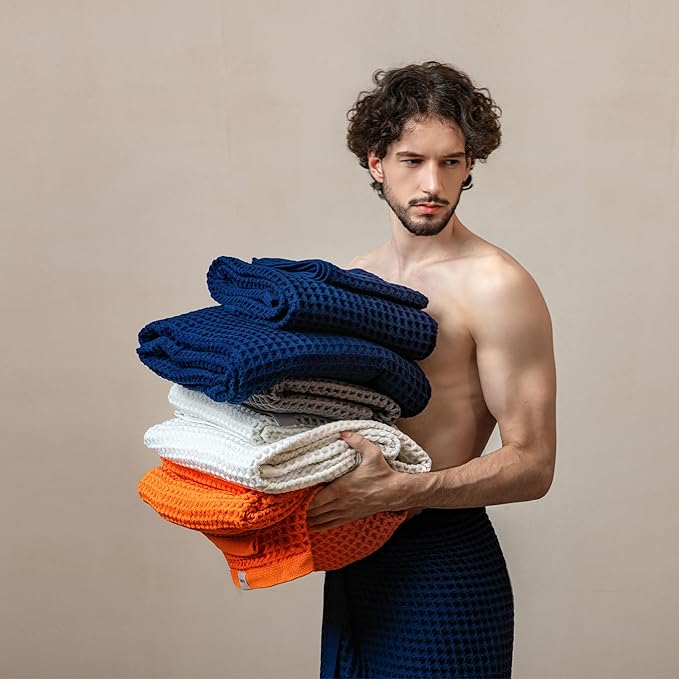 Luxury Japanese Cotton Silk Waffle Bath Towel | Plush, Absorbent, and Quick Dry (Coral Orange, Hand Towel (3 Pack))