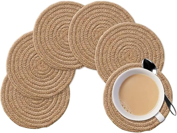 4 Pack Oval Jute Woven Placemats and Set of 4 Round Fabric Coasters, Cotton Braided Placemats Set, Dining Table Mat, Heat-Resistant Pot Holders, Washable Place Mats