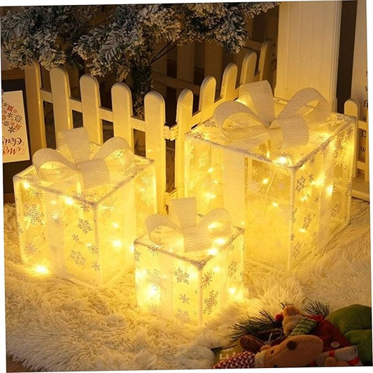 Christmas Lighted Gifting Boxes 3PCS/Set LED Warm White Christmas Decorations Snowflakes Box Battery Operated for Holiday, Indoor, Yard, Home, Lawn Decor