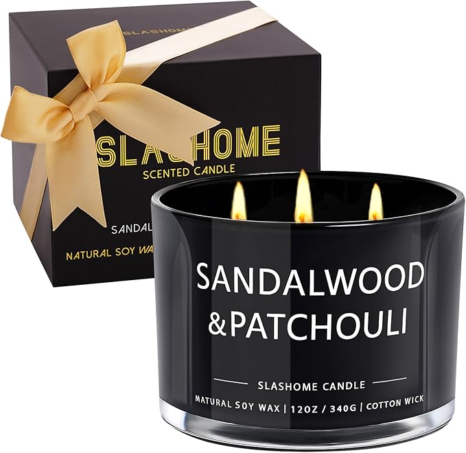 Patchouli Amber Candle, Large 3 Wick 12oz Soy Candle for Home Scented, Luxury Elegant Jar Candle Gift for Women & Men, Long-Lasting Non-Toxic Burn 60+ Hours, Warm Earthy Aromatherapy Home Décor