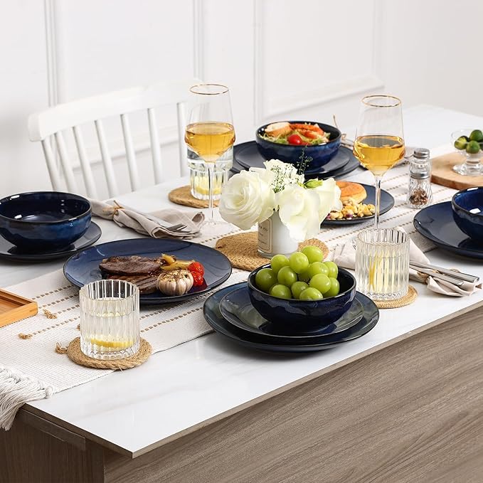 Vicrays 12-Piece Ceramic Dinnerware Set, Dinner Plates, Salad Plates & Cereal Bowls, Dish Set for 4, Microwave, Oven & Dishwasher Safe, Scratch Resistant, Blue