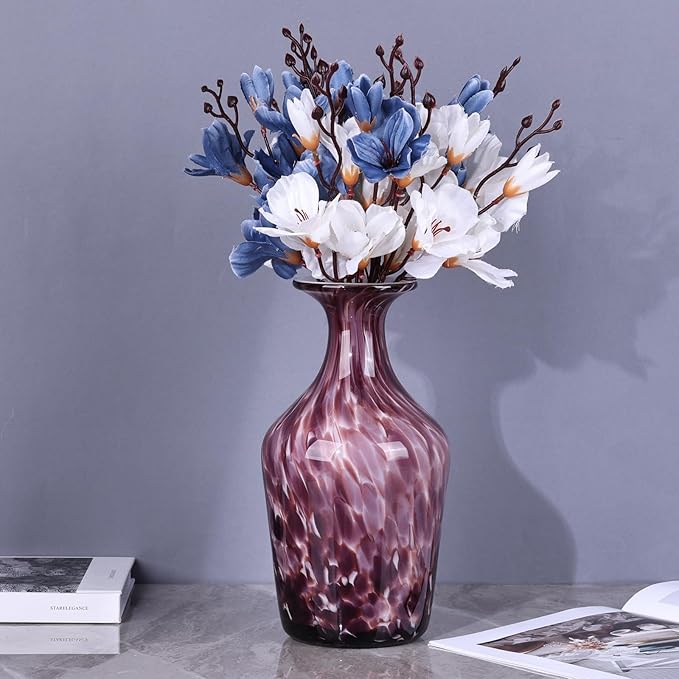12.2" Tall Hand Blown Glass Vase – Pretty Red Purple Decorative Flower Vase, Modern Vintage Fusion Home Decor, Colorful Murano Glass Vases for Table Centerpieces, Living Room, Bathroom, Entry Table