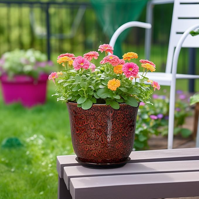 Ceramic Planter - 8 Inch Plant Pot for Indoor Outdoor, Ceramic Flower Pots with Drainage Hole and Saucer, Round Planter, Decorative Plant Pot, Room Home Apartment Decor, Gift for Women, Red