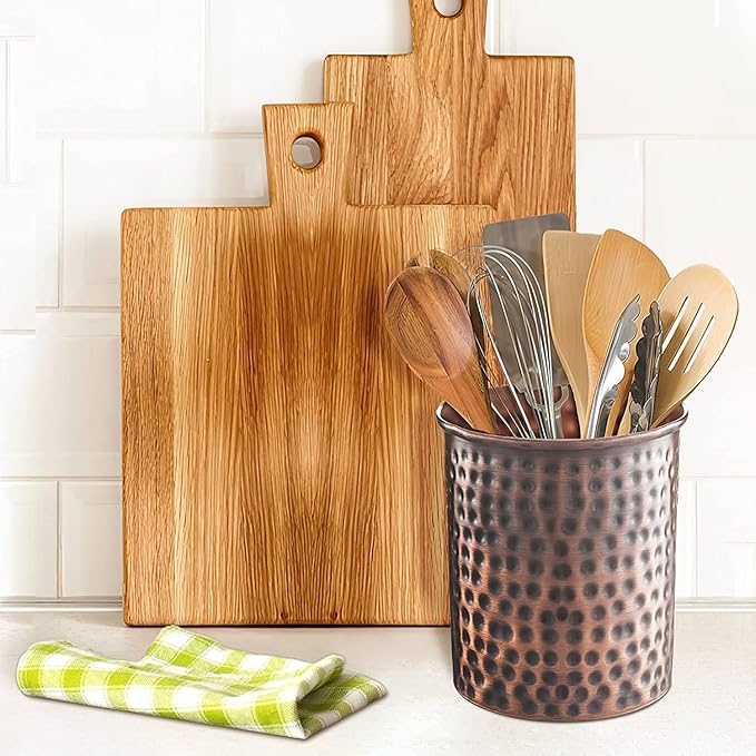 Monarch Abode Hand Hammered Kitchen Utensil Holder for Kitchen Counter, Spatula, and Large or Small Spoon Holder, Decorative Cooking Utensil Crock Organizer for Countertop, Antique Copper Finish