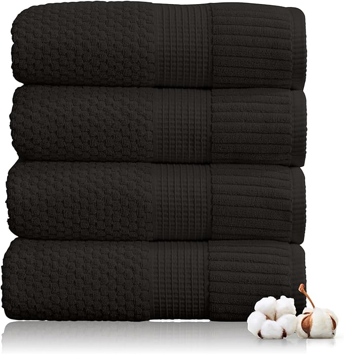 NY Loft Bath Towel 4 Pack, 100% Cotton, Super Soft & Absorbent, Quick-Dry, Textured, Durable, Premium Thick, 30" x 52", Black