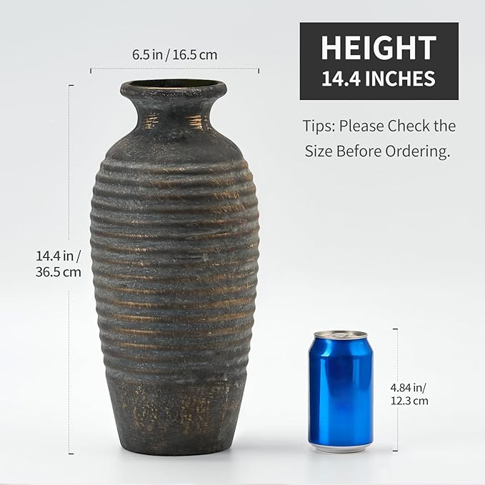 Ceramic Natural Rustic Vase, 14.4 Inch Large Vintage Flower | Threaded Decorative | Farmhouse Tall Vase for Home Decor, Living Room, Shelf Decor, Gift, Bronze