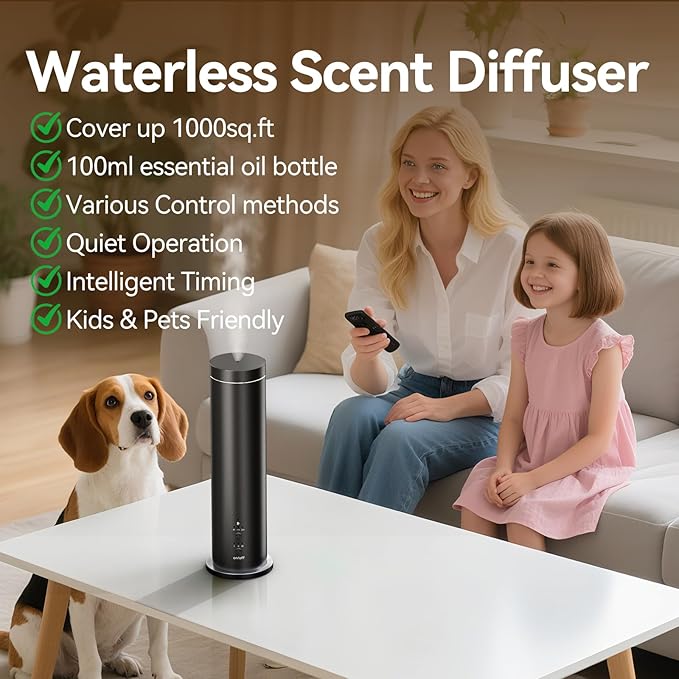 Waterless Diffuser Bluetooth Oil Diffuser Corded Essential Oil Diffuser for Home,Office,Hotel - Scent Diffuser Kit with 300ml Fragrance Included,Remote Controlled,Black