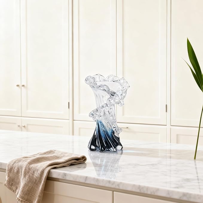 Hand Blown Blue Glass Vase, Unique Art Beautiful Ocean Glass Vase for Home Centerpiece, Coffee Table, Living Room, Office Decor - 8" H