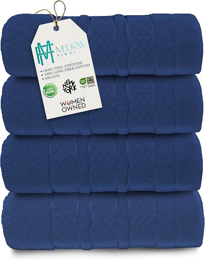 Premium Towel Set: Super absorbent, quick-drying, soft, plush. Features hanging loop, fade-resistant, eco & skin-friendly dyes. Luxury dobby design for bath or spa. (Navy, Bath Towel Set of 4)