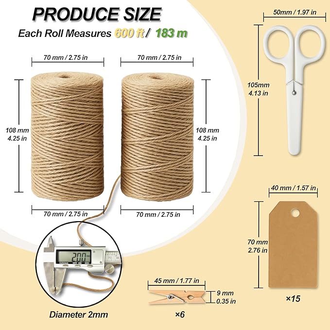 5 Pack Natural Twine String Suit: Jute Twine for Crafts Gardening Gift Wrapping Home Decor Knitting - 2mm 1200 Feet Jute Rope Twisted from 3 Ply - Suitable for Handicraft and Gardening Enthusiasts