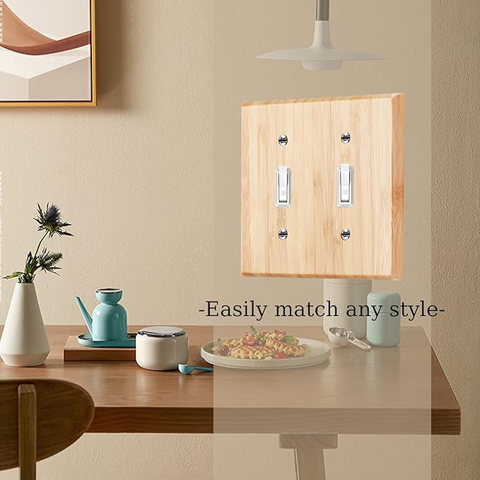 Raw Wood Light Switch Cover Decorative Duplex Toggle 4.5" x 4.5" Bamboo Wall Plate Quality Light Switch Plate Cover for Bedroom Kitchen Home Decor (Double Toggle)