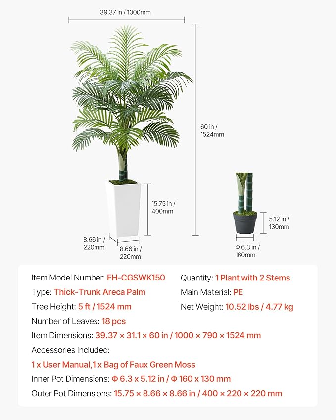 VEVOR Artificial Areca Palm Tree 5 ft, Fake Palm Tropical Plants with White Tall Planter, Faux Floor Silk Plant in Pot, Large Trees for Home Office Living Room Decor House Warming, Indoor Outdoor