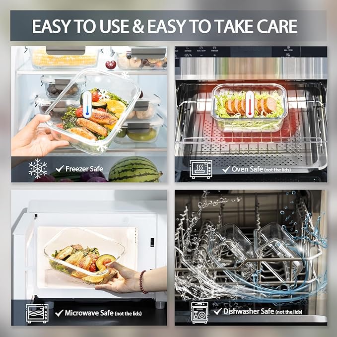 GENICOOK GC glass Food Storage Containers with Lids, Meal Prep Containers, Airtight Lunch Containers Bento Boxes with Snap Locking Lids for Microwave, Oven, Freezer and Dishwasher