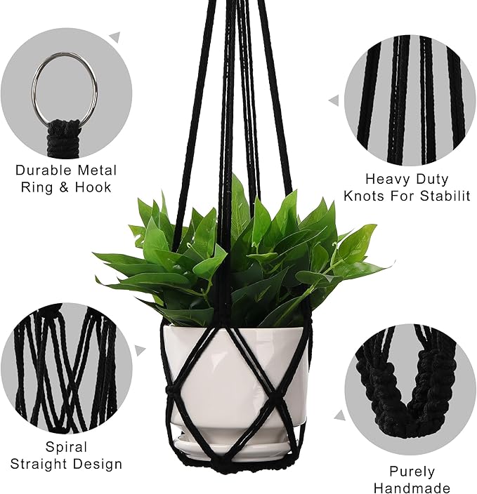 YIBOT 3 Pack Black Macrame Plant Hanger Indoor Hanging Planter Basket with 3 Hooks, 35"/29"/23" Crochet Plant Holder Stand No Tassels for Indoor Outdoor Boho Home Decor (POTS NOT Included)