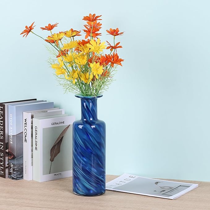 Blown Glass Cylindrical vase, Modern Art Glass Tall vase for Home Decoration Table Centerpiece, Wedding, Living Room Coffee Table, entryway Entry Table top, TV Cabinet Decoration and Ornament. (Blue)