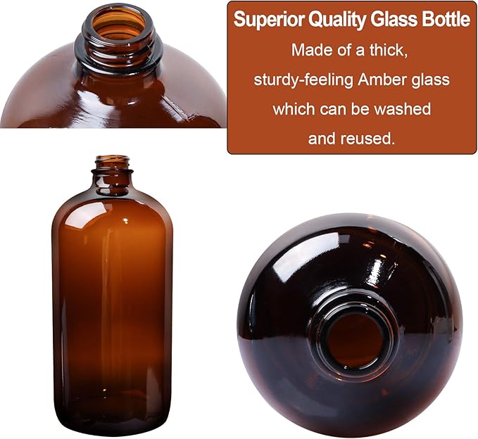 4 Pack 32 oz Amber Boston Round Glass Bottles with Black Caps for Secondary Kombucha Fermentation and Lab Chemicals (1 Funnel and 10 Pieces Black Chalkboard Labels Included)