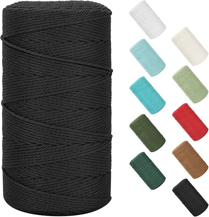 Macrame Cord 2mm x 380Yards (1140Feet), Natural Cotton Macrame Rope - 2 Strands Twisted Macrame Cotton Cord for Wall Hanging, Plant Hangers, Crafts, Gift Wrapping and Wedding Decorations, Black