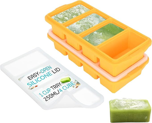Silicone Freezer Tray With Lid - Soup Freezer Container molds - Large Ice Cube Tray- makes 8 perfect 1 cup portions cubes, 2-Pack Freezer Storage Food Soups & Meal Prep - Oven & Dishwasher -Safe