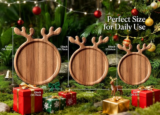 Acacia Wood Serving Platter, Christmas Decorative Reindeer Antler, 12"x10"Round Wooden Food Dish Display Plate, Charcuterie Board Tray for Cheese Fruit, Kitchen Gift for Housewarming (Gift Box)