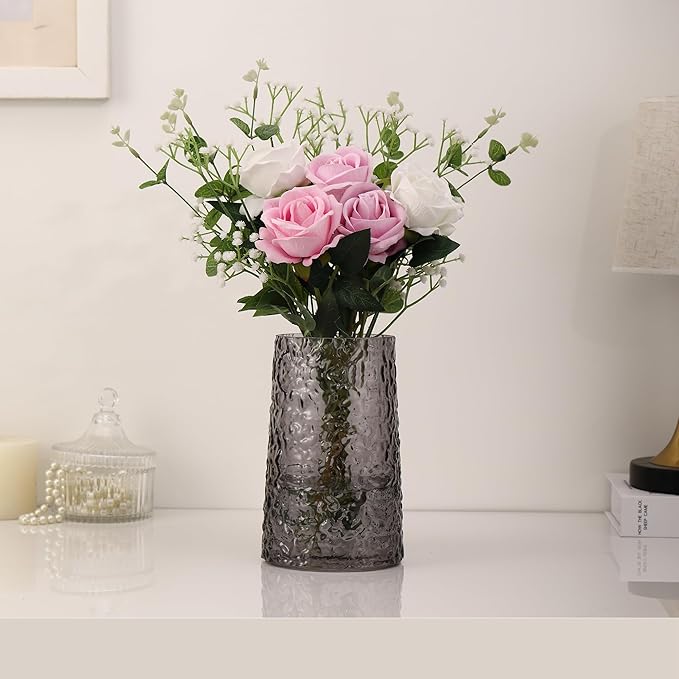 Black Glass Vase, Flower Vases for Bouquet, Modern Glass Vase for Flowers, Large Vases for Living Room, Bedroom, Kitchen, Office, Wedding, Dining Table, 8 Inches