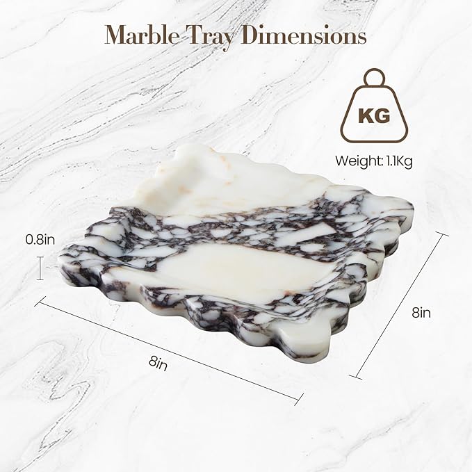 Calacatta Viola Natural Marble Tray, Scalloped Storage Dish, Luxury Decorative Trays for Bathroom, Vanity, Dresser, Kitchen & Home Decor, House Warming Gifts New Home (Square,8 Inch)