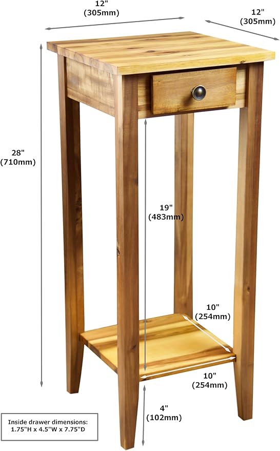 2-Tier Solid Acacia Plant Stand w/Drawer