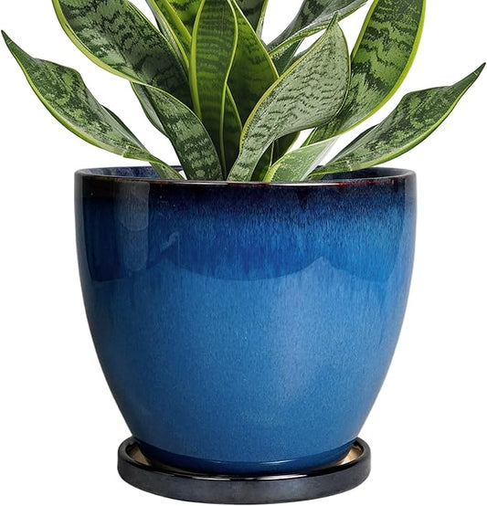 Ceramic Planters for Indoor Plants - 6.8 Inch Plant Pot with Drainage Hole and Saucer Round Modern Planter Home Garden Patio Decor Blue