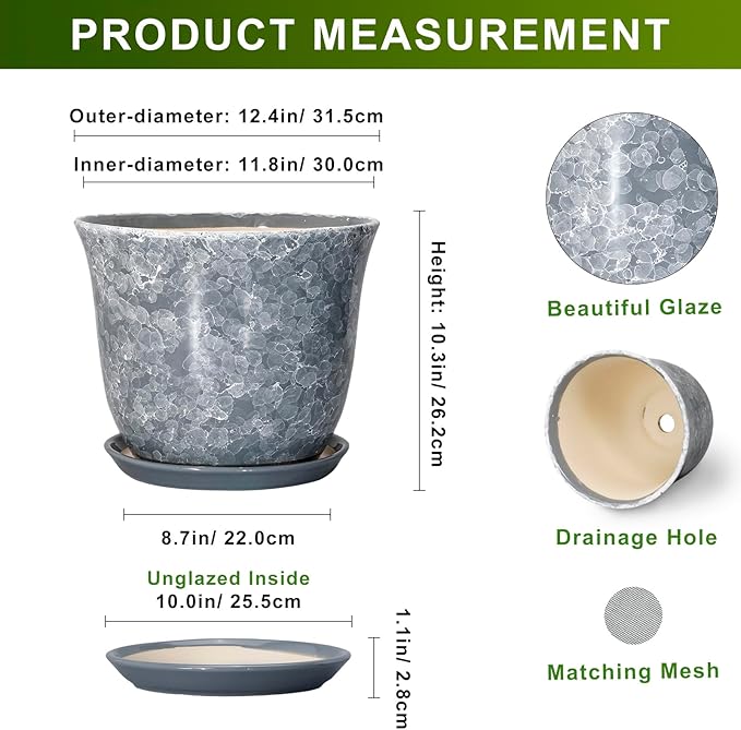 Ceramic Plant Pots - 12 Inch Plant Pot with Drainage Hole and Saucer, Round Planter for Indoor Outdoor, Modern Decorative Planters, Large Flower Pots, Home Decor, Housewarming Gifts, Grey