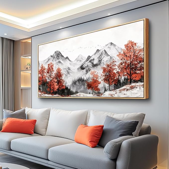 PHAOHUAXM Large Canva Wall Decor For Living Room Wood Framed Wall Art For Bedroom Office Murals Red Tree Ink-Wash Mountain Landscape Painting Pictures Modern Restaurant Room Home Decoration 30"X60"