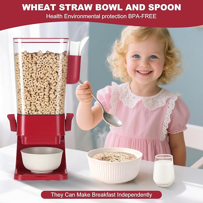 Cereal Dispenser Countertop Red 2 Pack with Creal Bowls Spoons Cutlery Box, Cereal Containers Storage - Not Easy to Crush Food, Dry Food Dispenser For Pantry Candy Snack
