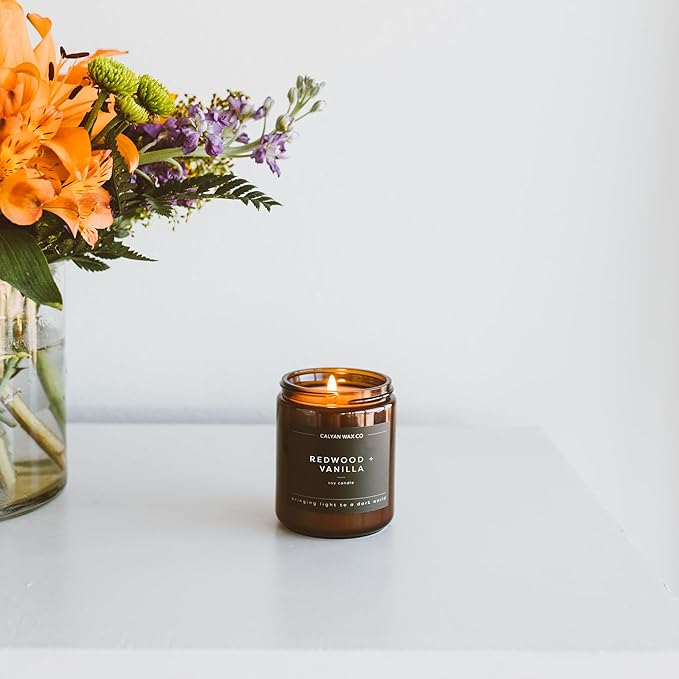 Calyan Wax Co. Redwood & Vanilla Scented Candle - 57 Hour Burn - Luxury Non Toxic Soy Wax Candles - Long Lasting Amber Glass Jar Candle for Home - 7.2oz