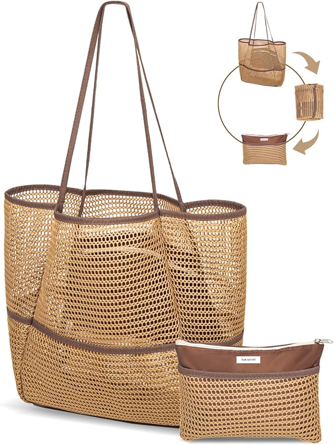 Mesh Beach Tote Bag Packable,2025 New 2-in-1 Large Lightweight Foldable Beach Bags with Multiple Pockets for Women