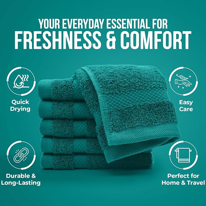 DAN RIVER 12-Pack Premium 100% Cotton Teal Face Towels – Reusable Face Towel Set, Soft & Absorbent Face Cloths for Bathroom & Body – Hand and Face Towels, 550 GSM (12x12 in)