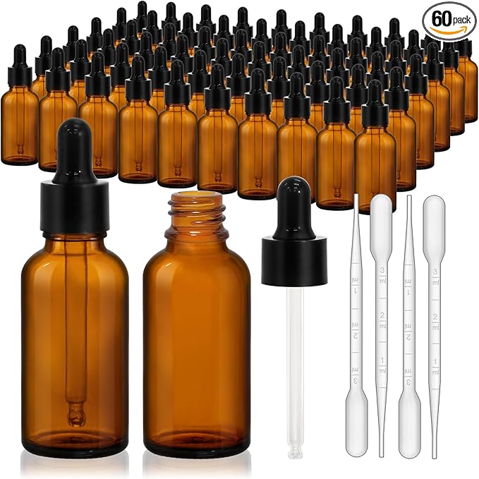 KEYWING 60 Pack 1oz Eye Dropper Bottles – 30ml Leakproof Amber Glass Bottles for Essential Oils, Tinctures, Hair Oil, Travel Liquids