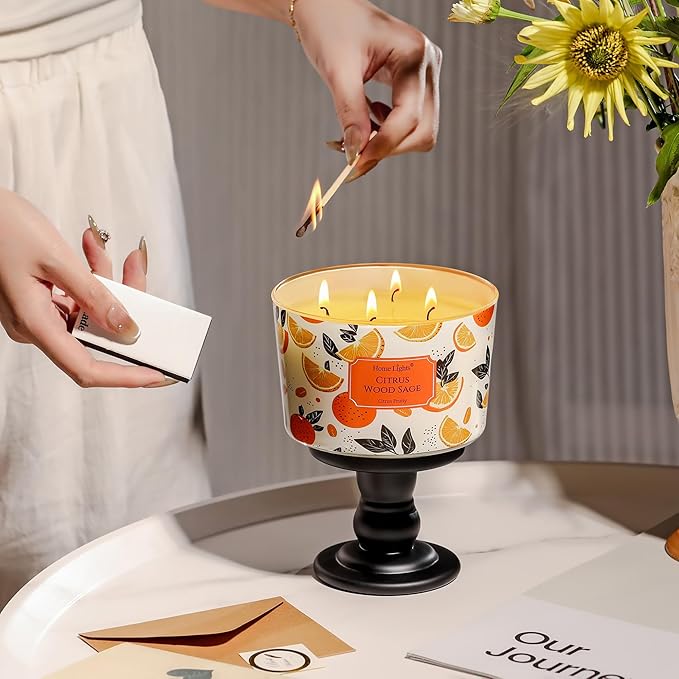 HomeLights Citrus Wood Sage Scented Candles | 18oz Soy Candles Eclectic Mixed Styles 4-Wick Large Candle Jars | Ideal Candle Gifts for Events, Home Decor Stress, Relief & Relaxation