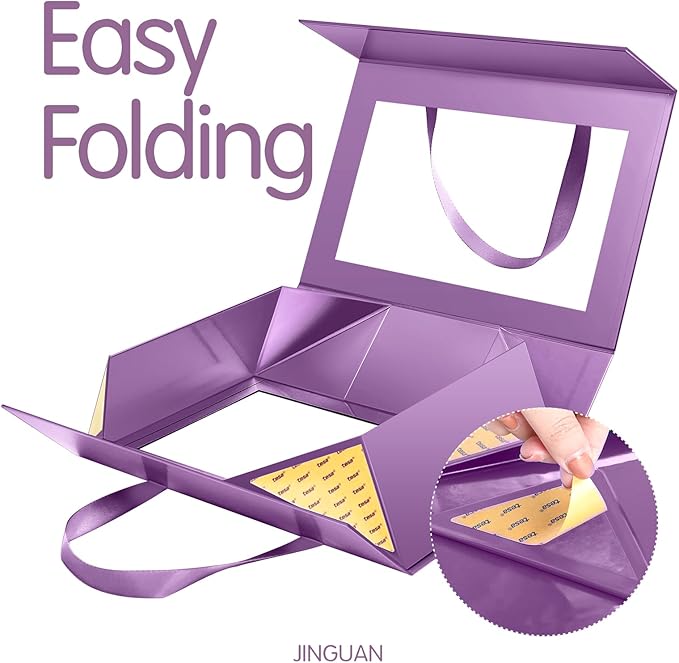 Large Purple Clear Gift Boxes, 13.5x9x4.1 Inches Gift Boxes with Windows by Handles, Bridesmaid Proposal Boxes, Collapsible Gift Boxes with Magnetic Closure (Glossy Purple, 5 Pack)