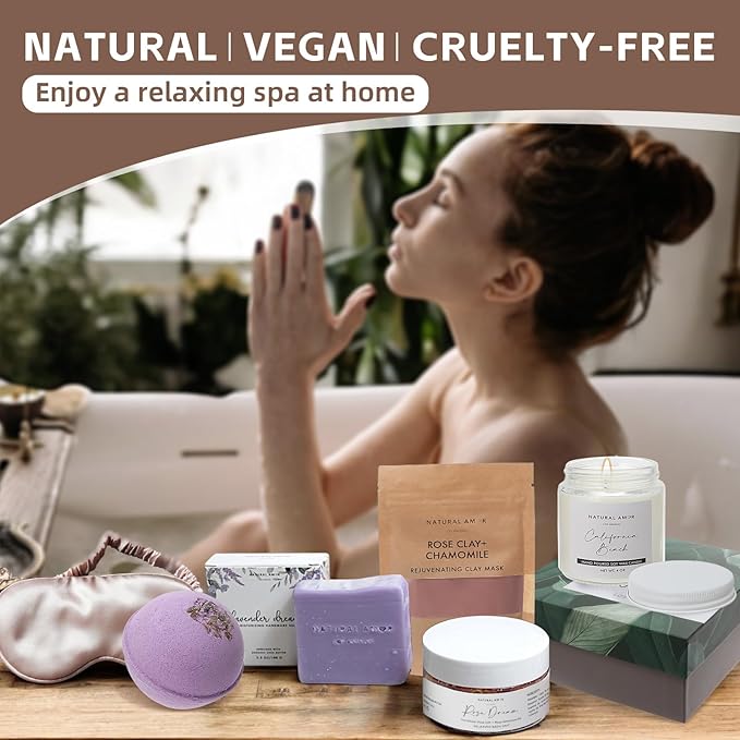 Natural Amor Spa Gift Set for Women 6 PCS– Relaxation Kit with Handmade Soap, Bath Bombs, Candle, Christmas Gift Box for Her, Self Care Birthday Gifts
