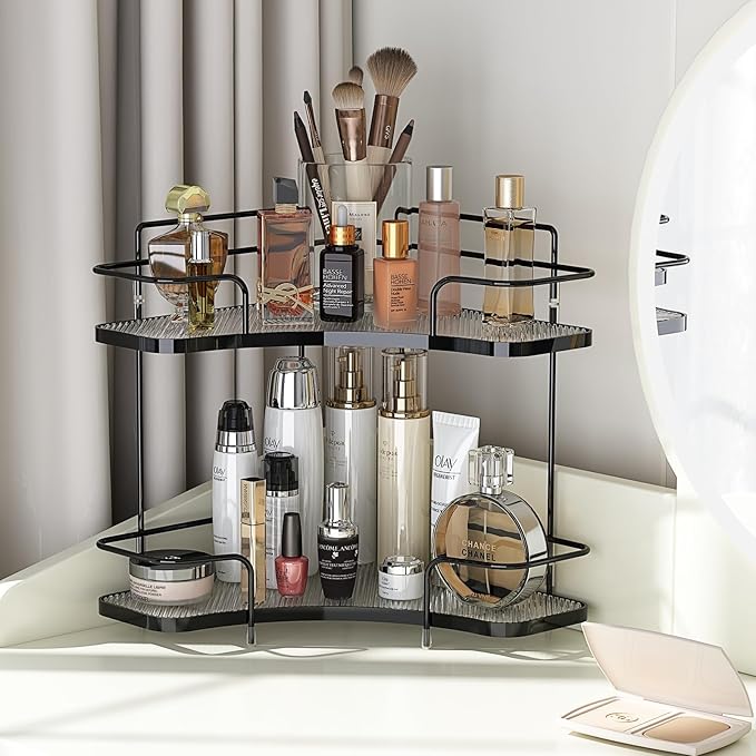FOLLOWIN 2 Tier Bathroom Countertop Corner Organizer,Countertop Perfume Tray,Vanity Counter Shelf,Skincare Makeup Cosmetic Vanity Organizers,Elegant Black