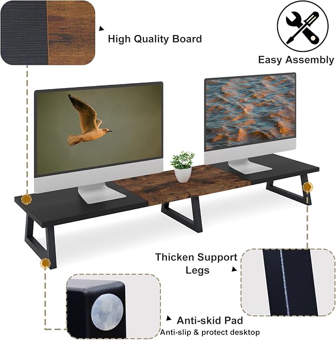 TEAMIX 42 inch Large Dual Monitor Riser, Extra Long Monitor Stand Riser for 2 Monitors, Wood & Steel Desktop Riser Desk Organization Home Office (Black+Brown, 42 inch)