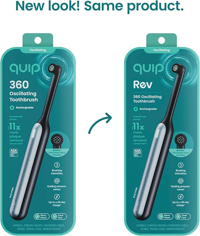 Quip Rev Oscillating Rechargeable Electric Toothbrush with Extra Brush Head - Soft Bristles, Pressure Sensor, 3 Intensities, 30-Day Battery Life, 2-Min Timer, Travel Case, Mirror Mount - Blue Stone