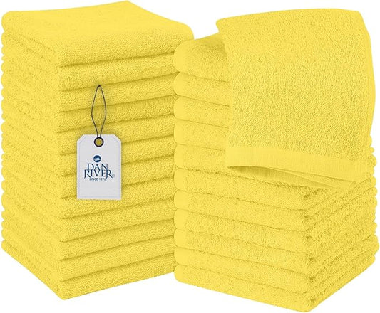 DAN RIVER 100% Cotton Wash Cloths 24 Pack [12x12] Soft & Absorbent Bath Cloths, Gym, Hotels & Spa Perfect for Everyday Use Fingertip Towels, Yellow