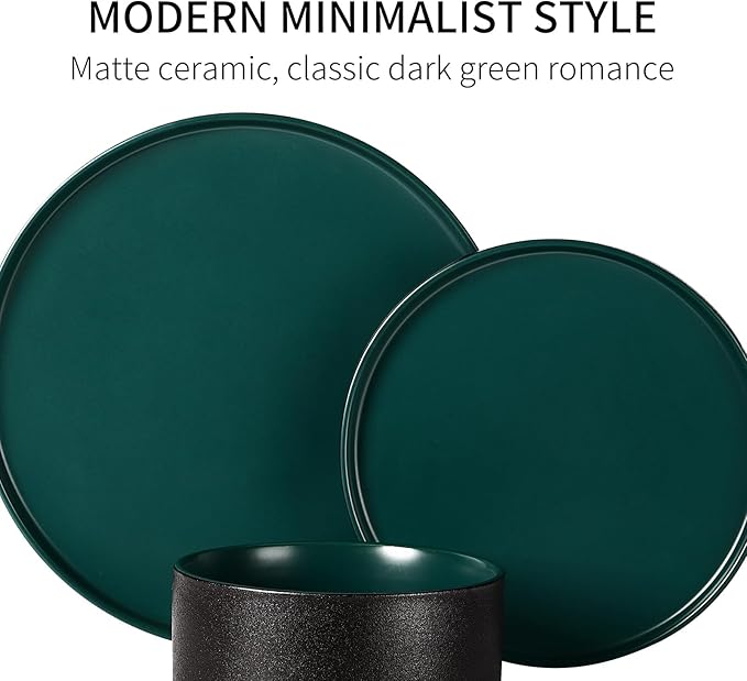 GZG Classic Series - Plates and Bowls Set for 6, 18 Piece Stoneware Dinnerware Sets, Microwave and Dishwasher Safe Lead-Free Handcrafted Ceramic Dishes Set - Malachite Green