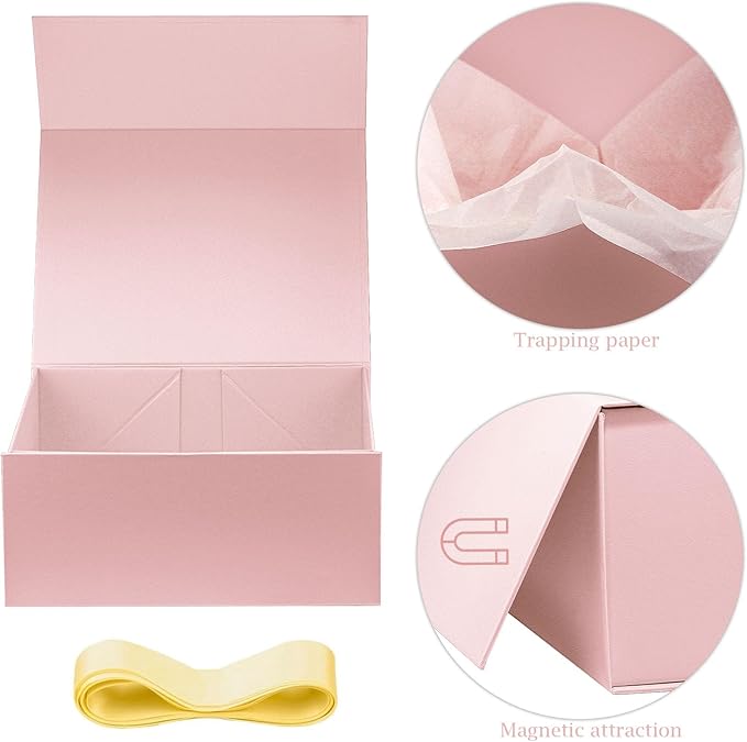 MOYEUPAC Pink Gift Box,9" X 7" X 4" with Ribbon for Presents Magnetic Closure Gift Packaging for Christmas, Halloween, Birthday