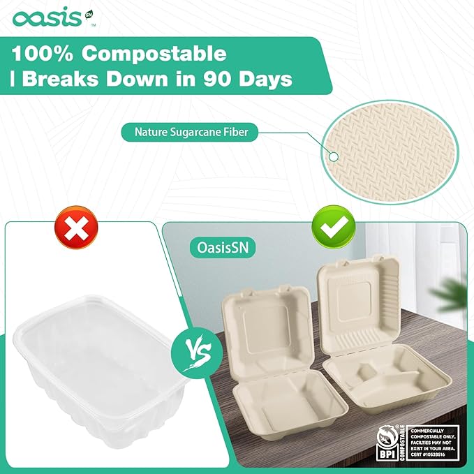 𝟴𝘅𝟴", 𝟲𝟴-𝗣𝗮𝗰𝗸 3-Compartment Clamshell Takeout Containers, 100% Compostable Heavy-Duty Disposable Paper Lunch Boxes(Natural)